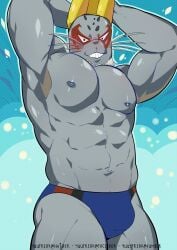 anthro balls bara barazoku beard blush bulge facial_hair flaccid hands_behind_head male male_only marine muscles muscular my_hero_academia penis seal selkie_(my_hero_academia) solo solo_male spotted_seal yuufreak