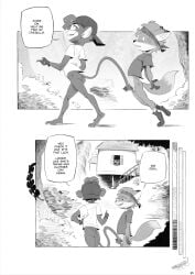 anthro canid canine comic duo english_text erection female fox genitals haplorhine hi_res horemheb male mammal monkey monochrome penis primate pussy text tomboy