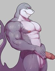 1boy 2017 abs anthro balls bara biceps big_tail biped black_claws blue_eyes claws countershade_face countershade_torso countershading digital_media_(artwork) dorsal_fin erection fin fish george_gilliam glans grey_background grey_skin grey_tail grin hi_res humanoid_penis knuxlight long_tail looking_at_viewer male male_only marine multicolored_skin muscular muscular_male nude pecs penis pepsi_(fa) pink_penis portrait shark side_view simple_background smile solo standing tail_fin teeth thick_tail three-quarter_portrait two_tone_skin wet white_balls white_countershading white_skin