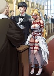 2girls 5boys ball_gag black_hair blonde_hair blush bondage bondage_over_clothes bound bound_arms bound_breasts bound_legs bound_torso breasts bride chains cuffed_ankles dress_open forced_wedding gag gagged groom high_heels male metal_cuffs mouth_gag open_dress original original_character purple_eyes red_rope revealing_clothes revealing_wedding_dress root001 rope rope_bondage rope_harness suit_and_tie tagme tuxedo wedding_dress white_dress