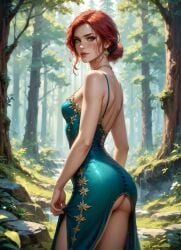 ai_generated ass dress faajnsmeker female green_dress light-skinned_female looking_at_viewer red_hair solo the_witcher_(series) the_witcher_3:_wild_hunt triss_merigold