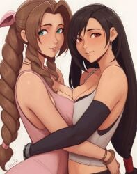 2girls absurd_res aerith_gainsborough big_breasts black_hair braid breast_press breasts brown_hair cleavage clothed crop_top desm0nt dress earrings elbow_gloves female female_only final_fantasy final_fantasy_vii final_fantasy_vii_remake from_side gloves green_eyes hi_res hug long_hair looking_at_viewer parted_lips red_eyes ribbon sidelocks signature simple_background sports_bra square_enix symmetrical_docking tied_hair tifa_lockhart tongue tongue_out upper_body very_long_hair