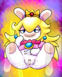 biting_lip blonde_hair blue_eyes clitoris crown ear_piercing ejaculation hair lagomorph mammal mario_(series) mario_+_rabbids mario_+_rabbids:_kingdom_battle orgasm piercing pink_pussy princess_peach_(cosplay) pussy pussy_ejaculation pussy_juice rabbid rabbid_peach rabbit raving_rabbids tagme unknown_artist