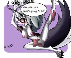 1girls anthro breasts english_text furry helluva_boss holy-sorrows loona_(helluva_boss) medium_breasts nipples pink_nipples pussy red_sclera silver_eyes text vagina white_fur wolf wolf_ears wolf_girl wolf_humanoid wolf_tail