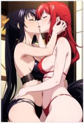 2girls 2women ai_generated akeno_himejima ass bikini black_bikini black_hair_female breasts_pressed_against_another closed_eyes curvy_females female female_only girl_on_girl grabbing_another's_waist high_school_dxd large_breasts_lesbians lesbian_couple lesbian_kiss lesbian_sex lesbians light-skinned_female long_hair_female love lovers red_bikini red_hair_female rias_gremory two_dominant_females yuri