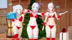 blue_eyes christmas_outfit christmas_tree cookies koikatsu lingerie mother_and_daughter perfect_idiot present red_bra red_panties rwby take_your_pick text thighhighs weiss_schnee white_hair willow_schnee winter_schnee