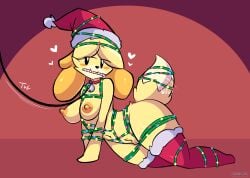 animal_crossing anthro areola blonde_hair bondage bondage bound breasts candy candy_cane canid canine canis christmas christmas_clothing christmas_headwear clothing collar dessert domestic_dog female food fur genitals hair hat headgear headwear heart_symbol hi_res holidays isabelle_(animal_crossing) leash leashed_collar legwear mammal nintendo nipples pubes pussy restraints rope rope_bondage rope_harness santa_hat shih_tzu solo thigh_highs toy_dog yellow_body yellow_fur zombiate