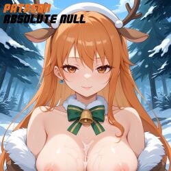 1girls absolute_null after_paizuri ai_generated bell breasts breasts_out christmas cum cum_on_breasts female female_only long_hair looking_at_viewer nami nami_(one_piece) one_piece post-timeskip reindeer_antlers seductive seductive_look snow solo uncensored