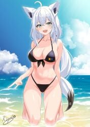 ahoge animal_ear_fluff animal_ears beach bikini black_bikini blue_sky braid breasts cloud commentary_request cross cross_print day fangs female fox_ears fox_girl fox_tail front-tie_bikini_top front-tie_top green_eyes hair_between_eyes highleg highleg_bikini highres hololive horizon kneeling large_breasts looking_at_viewer ocean outdoors rijeka1918 shirakami_fubuki side_braid signature single_braid sky smile solo swimsuit tail v virtual_youtuber white_hair