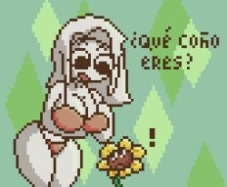 1boy 1girls ass big_breasts big_thighs bikini breasts eyes eyes_open female female_focus hair hellenqueenx huge_breasts huge_thighs large_breasts large_thighs male male/female open_eyes open_mouth pixel_(artwork) pixel_art plants_vs_zombies sunflower_(pvz) surprise surprised_expression thighs white_body white_hair xiaro