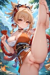 1girls ai_generated arm_tattoo bangs big_ass big_breasts big_butt blonde_female blonde_hair blonde_hair genshin_impact hair_ornament high_resolution highres hoyoverse jasse looking_at_viewer one_leg_up puffy_pussy pussy tagme yoimiya_(genshin_impact)