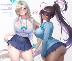 2girls absurdly_long_hair aqua_nails asuna_(blue_archive) blonde_hair blue_archive blue_cardigan blue_eyes blue_halo blue_skirt bow bowtie breasts brown_hair cardigan character_name cleavage collarbone collared_shirt commentary_request dark-skinned_female dark_skin eyes_visible_through_hair halo heart highres huge_breasts karin_(blue_archive) large_breasts leaning_forward long_hair long_sleeves loose_bowtie miniskirt multiple_girls panties pleated_skirt purple_halo school_uniform scrunchie see-through_clothes see-through_panties shirt side-tie_panties skirt smile spoken_heart studiopokotan underwear very_long_hair white_shirt wrist_scrunchie