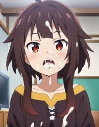 1girls ai_generated brown_hair clothed cum cum_in_mouth cum_on_clothes cum_on_face cum_on_hair cum_on_tongue female female_only kono_subarashii_sekai_ni_shukufuku_wo! megumin morindar open_eyes open_mouth red_eyes