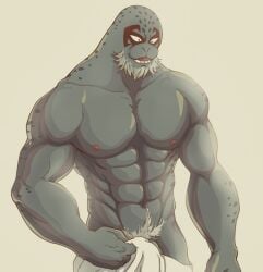 anthro bara barazoku beard facial_hair male male_only marine muscles muscular my_hero_academia seal selkie_(my_hero_academia) sleepdisorder solo solo_male spotted_seal towel towel_around_waist