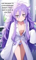 adult ai_generated annoyed annoyed_expression bags_under_eyes dr.lavender flat_chest flat_stomach labcoat laboratory lavender_hair lonelylady long_hair long_sidelocks messy_hair open_labcoat original panties silver_eyes slim_waist