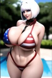 abs ai_generated american_flag_bikini blue_eyes collar dead_rising dead_rising_3 hilde_schmittendorf huge_breasts leash leash_between_breasts looking_at_viewer plump_thighs shawntheimmortal942 short_hair smirk smirking voluptuous voluptuous_female white_hair wide_hips