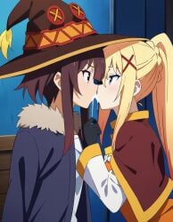 2girls ai_generated blonde_hair blue_eyes brown_hair clothed cum cum_drip cum_in_mouth cum_kiss cum_sharing cum_swap cum_swapping darkness_(konosuba) drooling drooling_cum female female_only kissing kono_subarashii_sekai_ni_shukufuku_wo! lesbian_kiss long_hair megumin morindar red_eyes snowballing yellow_hair yuri