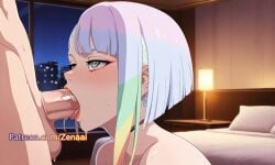 1boy 1girls ai_generated bed cyberpunk:_edgerunners cyberpunk_(series) cyberpunk_2077 deepthroat fellatio female lucyna_kushinada multicolored_hair nude oral patreon penis straight sweat tongue uncensored zenaai