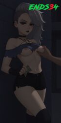 ai_generated ends34 female female_only goth goth_girl helluva_boss human_loona loona_(helluva_boss) medium_breasts money prostitution red_eyes short_shorts shorts silver_hair slutty_clothing slutty_outfit