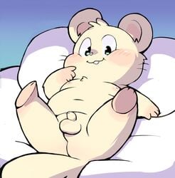 2017 anthro balls bed belly blush chubby_cheeks churoe flaccid fur hamster lying male male_only mammal navel nipples nude on_back on_bed oxynard penis perineum pillow rodent slightly_chubby small_penis smile solo whiskers white_fur