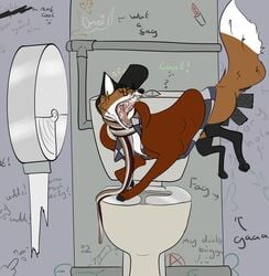 bathroom canine clothed clothing cubical female feral fox glory_hole hoodie mammal omnipresentcrayon open_mouth public scarf sex solo teeth tongue whiskers