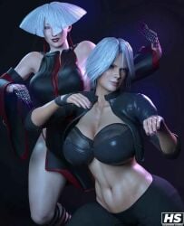 2girls 3d 3d_(artwork) a.k.i. alternate_body_type athletic athletic_female blue_eyes capcom christie_(doa) crossover dead_or_alive female female_only hagiwara_studio koei_tecmo light-skinned_female light_skin midriff multiple_girls muscular muscular_female pale-skinned_female pale_skin red_eyes street_fighter tagme voluptuous white_hair