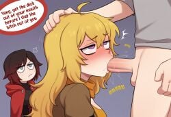 1boy 2girls ai_generated aicon annoyed blush fellatio gradient_hair grey_eyes head_grab penis purple_eyes ruby_rose rwby speech_bubble text yang_xiao_long yellow_hair