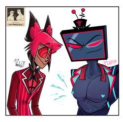 2boys alastor_(hazbin_hotel) big_pecs blue_eyes for_a_head hazbin_hotel heart heart-shaped_nipples hypnosis laying looking_at_viewer male male_focus male_only meme nude nude_male object_head open_shirt pecs pinksartdump red_hair red_sclera reference_image short_hair smile smiling smiling_at_viewer staring staring_at_chest top_hat tv_head vox_(hazbin_hotel)