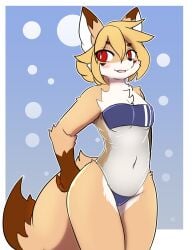 anthro female fox furr furry gris_swimsuit nikowari_(artist) red_eyes solo transparent_latex