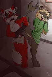 2017 anthro ass black_sclera blonde_hair blush bottomless brown_fur bulge canine clothed clothing duo female fox fuf fur green_eyes hair jenny_(ajdurai) looking_back male mammal mustelid otter penis_outline red_eyes red_fur young