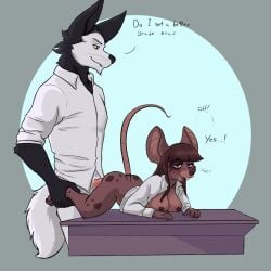 anthro areola bottomless bottomless_anthro bottomless_female bottomless_male breasts buckteeth canid canine canis clothed clothing desk dialogue digital_media_(artwork) domestic_dog duo el-gallo english_text erection feet female female_penetrated from_behind_position fur furniture genitals hair half-closed_eyes hi_res holding_leg humanoid_genitalia humanoid_penis husky larger_male looking_pleasured lying male male/female male_penetrating male_penetrating_female mammal mouse murid murine narrowed_eyes nipples nordic_sled_dog on_desk on_front open_clothing open_mouth open_topwear penetration penile penile_penetration penis rodent sex shirt size_difference smaller_female smaller_penetrated smile spitz standing standing_sex student table tail teacher teacher_and_student teeth text toes topwear vaginal vaginal_penetration