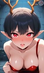 ai_generated antlers big_breasts black_hair cute elf elf_ears exposing female provocative_pose pussy red_eyes seductive seductive_expression sexy short_hair suggestive sultry teasing usebackdooronly