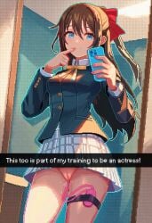 1girls ai_generated blue_eyes blush breasts brown_hair english_text fake_screenshot female female_only holding_object holding_phone long_hair love_live! love_live!_nijigasaki_high_school_idol_club mirror mirror_selfie nijigasaki_school_uniform no_panties ousaka_shizuku phone pixel_art pussy pussy_juice red_ribbon ribbon selfie simple_background smile snapchat solo solo_female text vibrator vibrator_in_pussy
