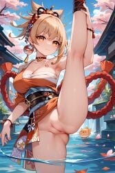 1girls ai_generated arm_tattoo bangs big_ass big_breasts big_butt blonde_female blonde_hair blonde_hair genshin_impact hair_ornament high_resolution highres hoyoverse jasse looking_at_viewer one_leg_up puffy_pussy pussy tagme yoimiya_(genshin_impact)