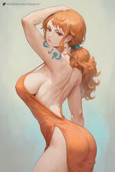 ai_generated back_view dress earring earrings female female_only large_ass large_breasts long_hair nami nami_(one_piece) one_piece orange_eyes orange_hair post-timeskip side_view sideboob simple_background tagme tattoo thedachy thick_thighs thighs