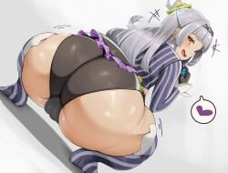 1girls ass ass_focus bean_smile blush cameltoe female hololive hololive_japan huge_ass long_hair looking_at_viewer looking_back murasaki_shion ofu orange_eyes panties partially_visible_vulva shortstack smile solo spoken_heart squatting thick_thighs thighhighs trefoil underwear virtual_youtuber white_hair