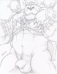 2017 5_fingers abs absurd_res anthro armor balls beard digimon dudebulge facial_hair fist flaccid front_view greyscale harness helmet hi_res horn mace male male_only mammal melee_weapon monochrome musclegut navel nipples nude pecs pencil_(artwork) penis pose pubes shield solo standing traditional_media_(artwork) uncut vikemon weapon