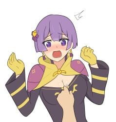 1boy 1girls bernadetta_von_varley cleavage earrings embarrassed fire_emblem fire_emblem:_three_houses imminent_undressing large_breasts nintendo open_mouth post-timeskip purple_hair yoshio_hentai