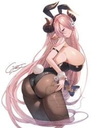 absurdres animal_ears ass ayacho black_leotard blue_eyes bow bowtie braid breasts bunny_ears bunny_girl bunny_tail bunnysuit detached_collar draph fake_animal_ears fake_tail granblue_fantasy granblue_fantasy_versus hair_over_one_eye highres horns large_breasts leotard narmaya_(granblue_fantasy) pantyhose pink_hair playboy_bunny pointy_ears rabbit_ears rabbit_tail sideboob single_braid strapless strapless_leotard tail thigh_strap watermark wrist_cuffs