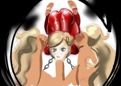 ahe_gao ann_takamaki bent_over blonde_hair blowjob blowjob_face bodysuit deepthroat forced_oral persona persona_5 phantom_thief_suit pov pov_eye_contact red_clothing soles stirrup_legwear xeiss