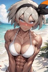 1girls abs ai_generated bare_arms bare_shoulders bare_thighs bea_(pokemon) beach big_breasts bikini bikini_bottom bikini_top blush clothed clothing color female female_focus female_only fit_female game_freak grey_eyes grey_hair gym_leader hi_res large_breasts light-skinned_female light_skin looking_at_viewer muscles muscular muscular_female nintendo pokemon pokemon_ss pokemon_trainer rayai sand sea short_hair solo solo_female tagme thick_thighs water