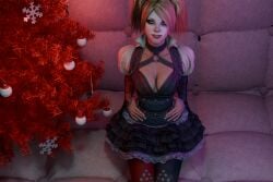 1girls 3d batman:_arkham_knight blender blonde_hair christmas_tree dc dc_comics enigmaj female_focus female_only hands_on_hips harley_quinn harley_quinn_(arkham) harley_quinn_(arkham_knight) kneeling light-skinned_female looking_at_viewer makeup padded_room skirt solo_female twintails