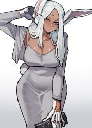 blush breasts_bigger_than_head bunny_ears bunny_girl bunny_tail large_breasts miruko my_hero_academia open_mouth ratatatat74 robotic_limb rumi_usagiyama skintight tight_clothing tight_dress white_dress white_hair