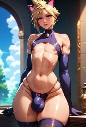 ai_generated big_ass blonde_hair bulge bulge_through_clothing cat_ears cloud cloud_strife femboy flat_chest gloves large_ass lingerie nipples panties sissy skimpy slim_waist small_penis stockings submissive submissive_male trap