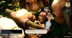 1girls 3d catgirl cum_on_body cum_on_face female ffxiv final_fantasy final_fantasy_xiv gangbang goblin goblin_male green_eyes mayuri_midori miqo'te outdoors outside outside_sex pink_hair user_interface waiting_for_turn