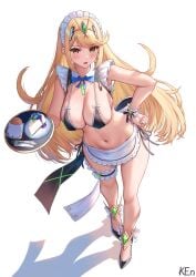 absurdres artist_name bikini black_bikini black_footwear blonde_hair breasts cake cleavage commentary_request core_crystal female food highres ken-san large_breasts long_hair looking_at_viewer maid maid_bikini maid_headdress mythra navel shoes simple_background solo standing swept_bangs swimsuit tiara unconventional_maid white_background xenoblade_(series) xenoblade_chronicles_2 yellow_eyes