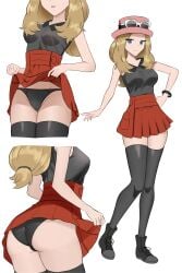 absurdres artist_request ass black_panties black_thighhighs blonde_hair blue_eyes breasts clothes_lift eyewear_on_headwear female full_body ganzzzo hand_on_own_hip hat highres long_hair looking_at_viewer low-tied_long_hair medium_breasts miniskirt nintendo panties pokemon pokemon_xy red_skirt serena_(pokemon) shirt simple_background skirt skirt_lift sleeveless sleeveless_shirt thighhighs underwear upskirt white_background