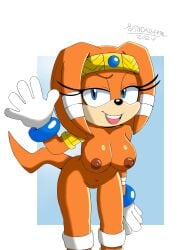 anthro areola bandage big_breasts black_nose blue_background blue_eyes bracelet breasts brown_areola brown_nipples clothing crown echidna eyelashes female fur genitals gesture gloves handwear headgear hi_res jewelry looking_at_viewer mammal monotreme navel nipples nude open_mouth open_smile orange_body orange_fur pussy sega simple_background smile solo sonic_(series) sonic_adventure sonic_the_hedgehog_(series) spindasher98 tan_body tan_fur thick_thighs tiara tikal_the_echidna waving waving_at_viewer white_background white_clothing white_gloves white_handwear wide_hips