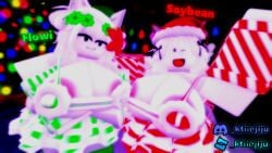 2girls 3d bedroom bikini christmas dress eyes flowi green_dress ktiiejiju_(artist) ohsoybean red_dress roblox robloxian santa_hat soybean tagme white_body yuri