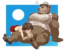 2017 2boys 41raco alternate_version_available anthro ashigara balls bear better_version_at_source clothing cum cum_in_mouth cum_inside fellatio gay human human_on_anthro interspecies kirupi looking_pleasured male male_only mammal nipples obese oral overweight sex shirt sweat tank_top tokyo_afterschool_summoners wet_shirt yaoi